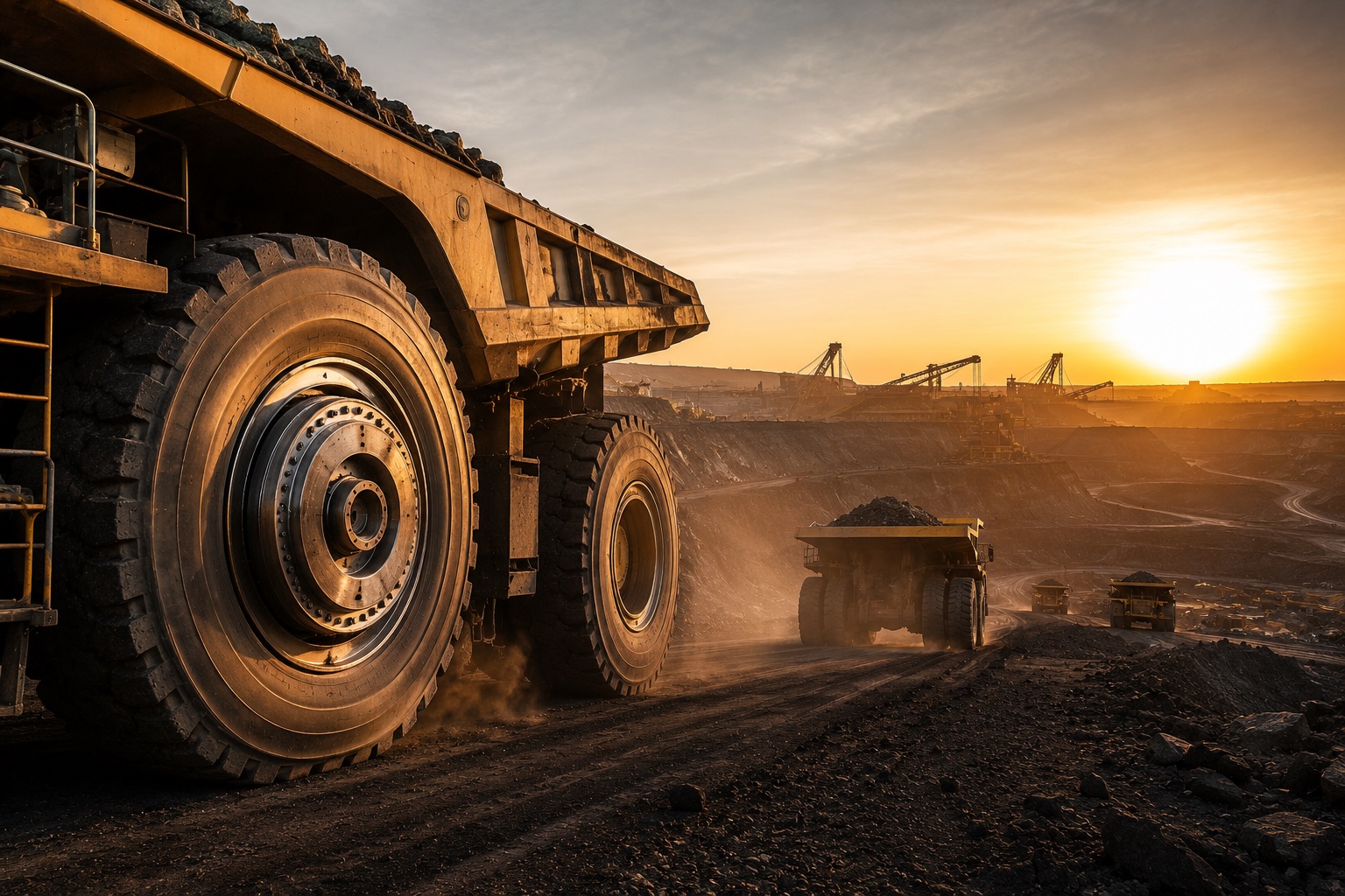 Mining haul trucks on an open-pit haul road at sunset