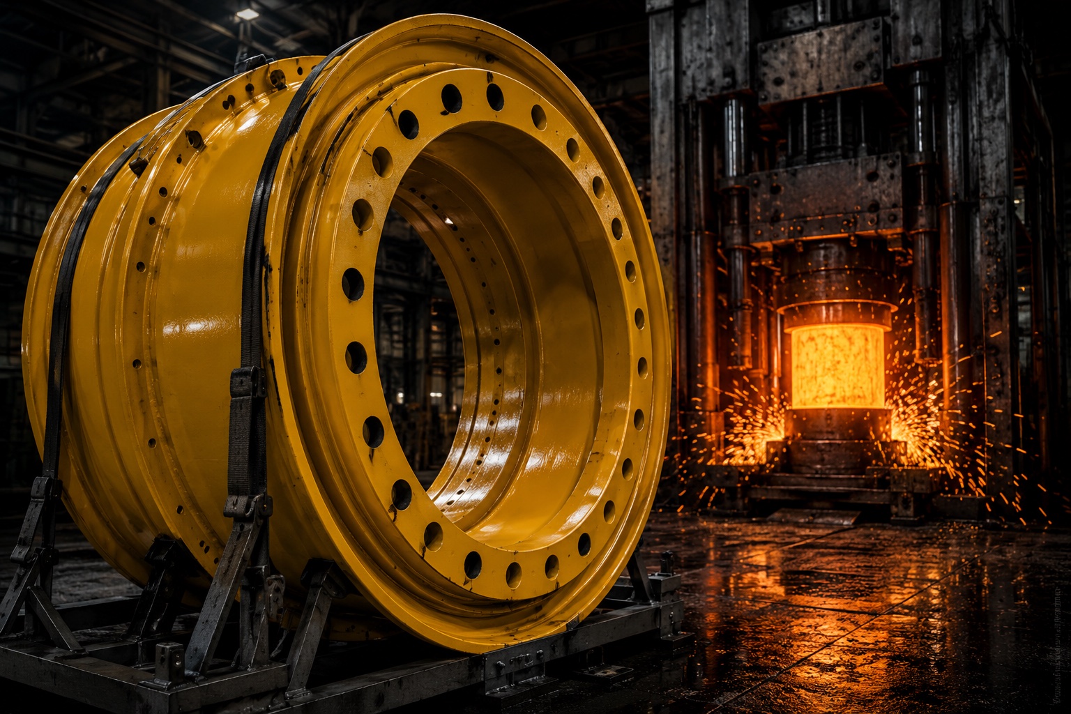 Forged off-the-road wheel beside a hot forging press