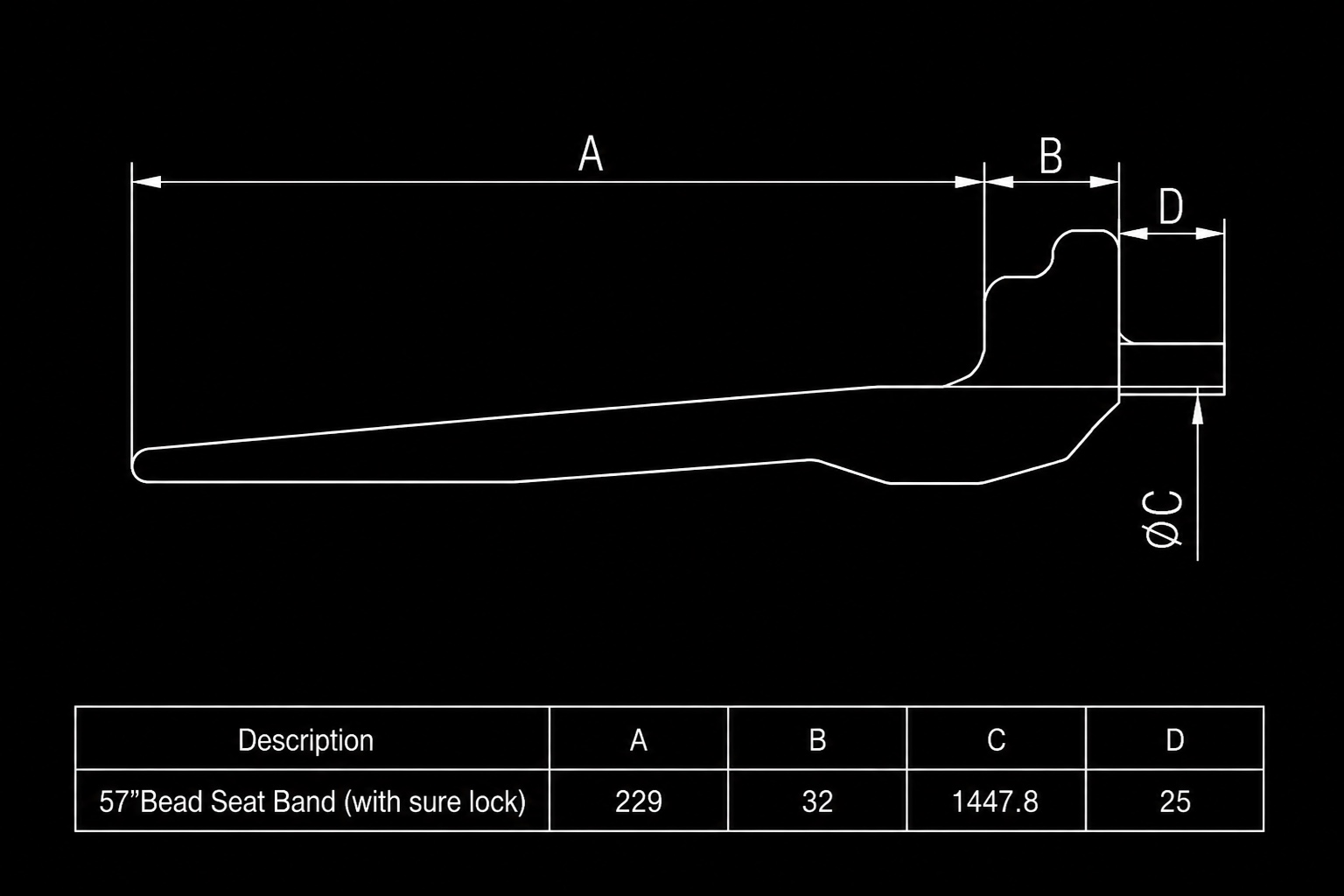 57" BEAD SEAT BAND (WITH SURE LOCK) dimensions