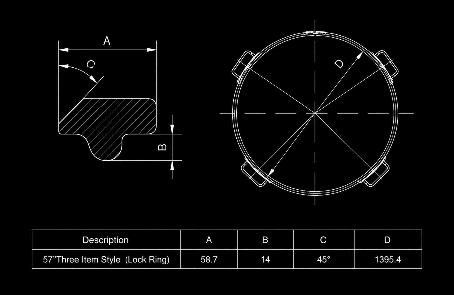 57" THREE-ITEM STYLE LOCK RING dimensions