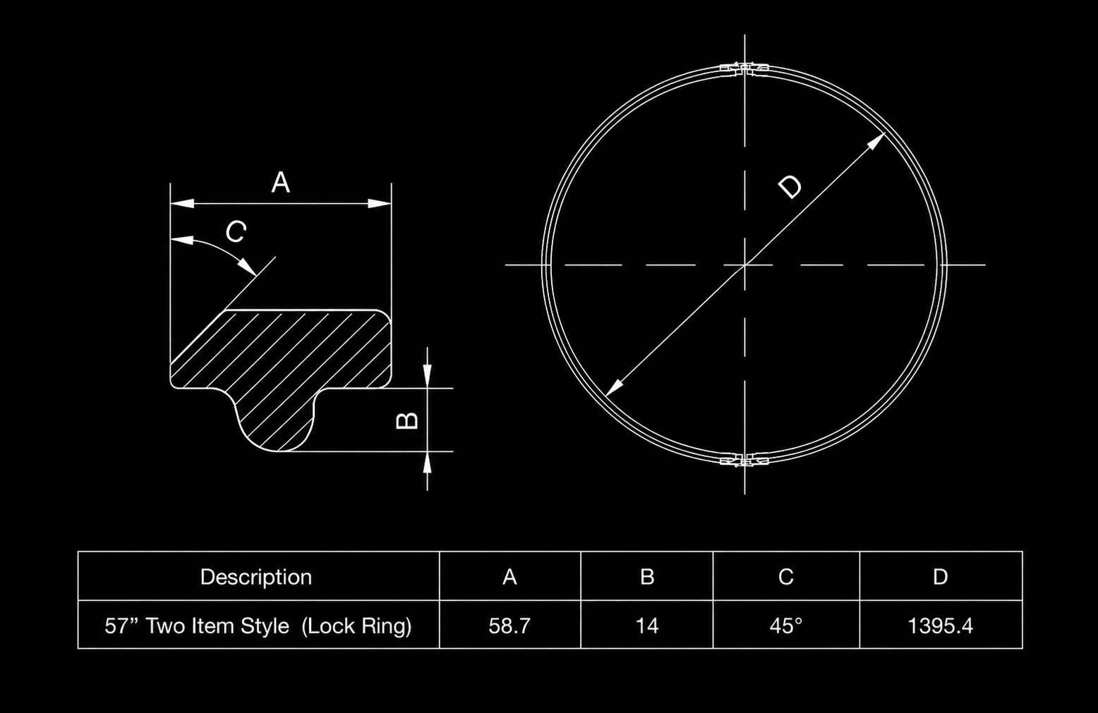 57" TWO-ITEM STYLE LOCK RING dimensions